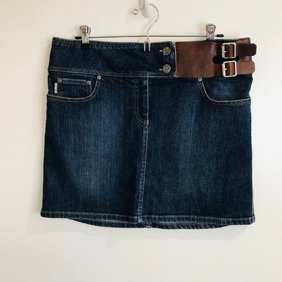 Burberry London Dresses & Skirts - Burberry London Denim Jean Mini Skirt Size 12 Brown Leather Belt Made in Italy
